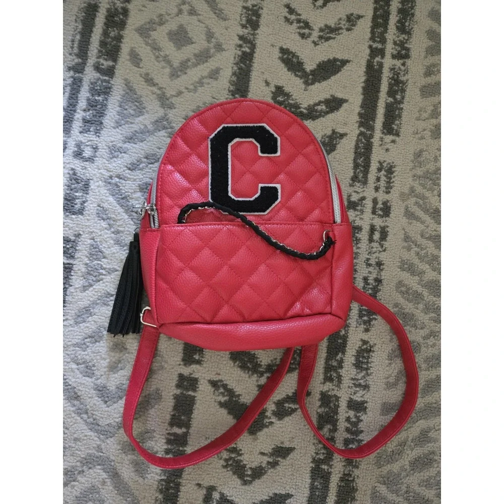 Justice Initial C Quilted Mini Backpack Ladybug‎ Red Chain detail Quilted